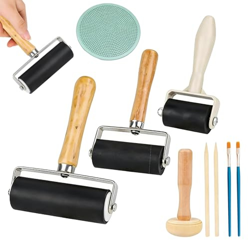 Brayer Roller, 9 Pcs Ink Roller with Mushroom Roller and Plastic Pressure Plate & Painting Brush, 3 Pcs Brayer Roller for Crafts for Block Printing Arts DIY Oil Painting