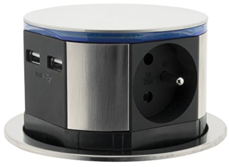 Otio - Bloc multiprise encastrable Compact LED 3 Prises 16A 2P+T & 2X USB - INOX