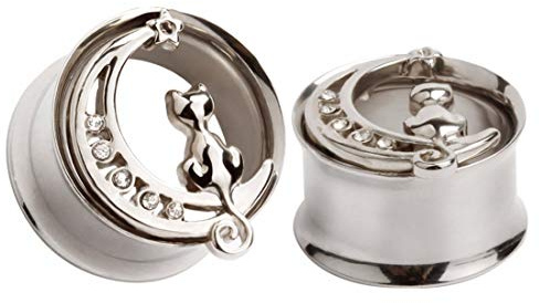Huacan Flesh Tunnel 8mm-16mm Ohr Piercing Silber Schwarz Katze Anhänger Mit Klein Zirkon Mond Design Exquisiter Plugs Double Flared Außengewinde Expander Hochwertige Edelstahl Schmuck 2 Stück