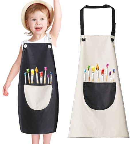 Tadpolez 2er Set Verstellbare Malschürze & Malkittel für Kinder 7-13 Jahre mit Taschen-Für Schule Basteln Malen Backen Kochen - Jungen Mädchen (Schwarz Grau)