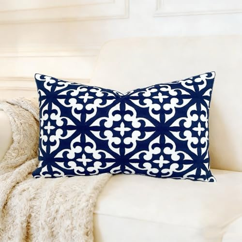 Slow Cow Embroidered Lumbar Throw Pillow Cover 12 x 20 Inch Navy Blue
