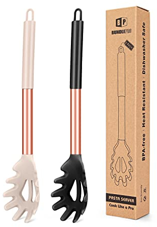 Pack of 2 Silicone Pasta Fork, Kitchen Heat Resistant Noodle Spoon Server, BPA Free Spaghetti Strainer,Best Cooking Tools (FB-109-RG-BK)