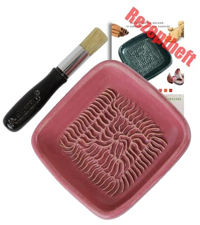 ANCKERAMIC® Ceramico Reibeteller & Backpinsel mit Naturborsten, Set aus Keramik für Knoblauch, Ingwer, Muskat, Handmade (Pink/Schwarz)