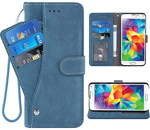 ELISORLI Compatible with Samsung Galaxy S5 Wallet Case and Wrist Strap Lanyard Leather Flip Card Holder Stand Cell Phone Cover for Glaxay S 5 Neo Gaxaly 5S Galaxies GS5 G900A G900T Women Men-Blue
