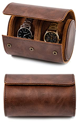KlLHS Uhrenrolle mit 2 Fach, Uhrenbox für Unterwegs, Watch Box mit Herausnehmbaren Pads, Braun