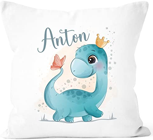 SpecialMe® Kissen-Bezug Kinder Dino Dinosaurier Schmetterling Tiemotiv mit Namen Wunschname Namenskissen Kinder Baby Jungen weiß Standard