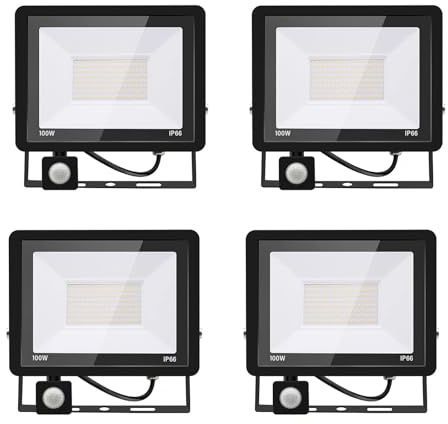 4PACK - Projecteur LED 100W Avec Détecteur de Mouvement, Blanc Froid (6000K) 10000LM, Extérieur IP66 Imperméable, Pour Sécurité, Garage, Couloir