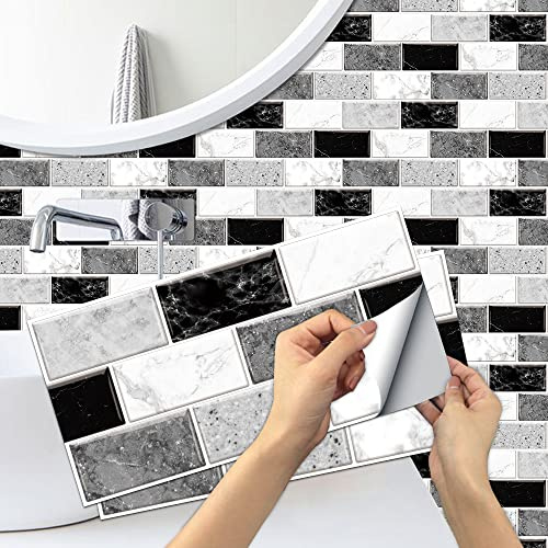 Alwayspon 12Pcsx30cmx15cm/12inchx6inch, White Black Marble Tile Sticker, Peel and Stick Backsplash Wall Tiles Sticker for Kitchecn Bathroom, Self-Adhesive Vinyl Tile Transfers Stick on Tiles