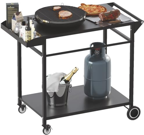Koutemie Outdoor Grill Cart Table with 4 Wheels for Blackstone 17 or 22, Movable BBQ Food Prep Table Top, Double-Shelf Metal Pizza Oven Worktable with Spice Tray for Patio, Backyard, Black
