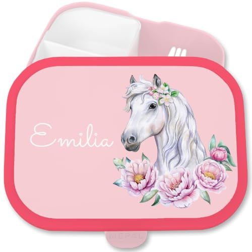 Brotdose Kinder Campus für Mepal - Pferd Pferde - Lunchbox Pferdekopf Brotbox Pferdemädchen Geschenk Mädchen I - 750 ml - Rosa - personalisierte brotdosen 1. klasse geschenke horse floral