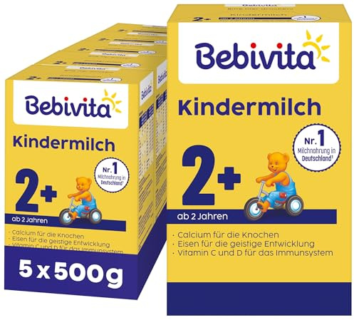 Bebivita Kindermilch 2+ (5 x 500g), Milchnahrung für Kinder ab 2 Jahren, mit Calcium, Vitamin C, D und Eisen für die geistige Entwicklung