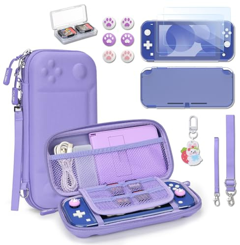 Younik Funda Switch Lite, Morado Accesorios NS Switch Lite 14 en 1, Carcasa de Transporte de Switch Lite, Estuche para Tarjetas de Juego, 2 Protectores de Pantalla, 6 Grips para el Pulgar, Morado