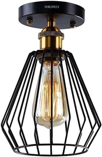 Vintage Black Ceiling Light with E27 Socket Industrial Retro Ceiling Lamp Cage Corridor Ceiling Lighting Gold Corridor Lamp for Entrance, Foyer, Living Room, Loft, Restaurant, Storage Room,Picture