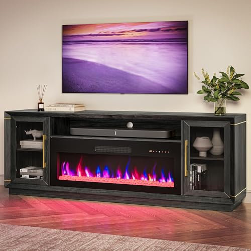 BELLEZE Soporte de TV extragrande de 74 pulgadas para televisores de hasta 85 pulgadas, mesa consola multimedia con calentador eléctrico de chimenea de 42 pulgadas, centro de entretenimiento con