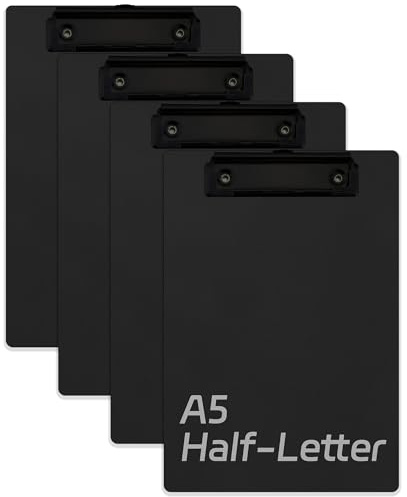 A5 Klemmbretter, 15,5 x 22,5 cm, Mini-Klemmbretter, 4 Stück, Halbbuchstaben, Memo-Größe, Klemmbrett, Menüblöcke, Schreibblöcke für Schule, Büro, Restaurant, Café, Hotel (schwarzer Clip)