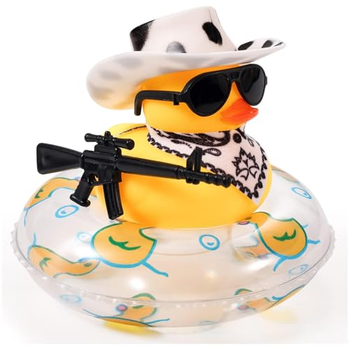 IUFDGHN Duck for Cars, Rubber Duck for Car Dashboard, Squeaky Duck Bath Toy Yellow Duck Car Ornament Fun Cowboy Duck Car Accessories Car Dashboard decor with Swim Ring Hat Glasses