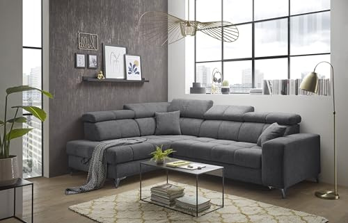 möbelando Ecksofa >Sydney< Elektrische Sitztiefenverstellung, 5 verstellbare Kopfstützen, Bettkasten, in anthrazit - 282x105x198 (BxHxT)