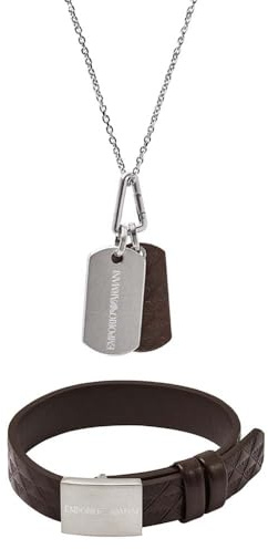 Emporio Armani Herren Silber-Ton Edelstahl Halskette und Lederarmband, Set