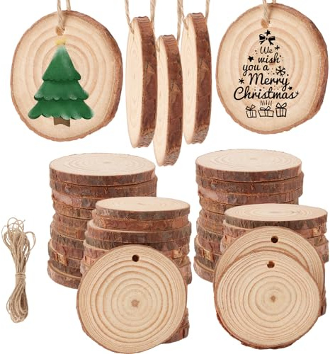 APACALI 100 stycken träskivor 5 cm, träskivor för pyssel med hål, trädskivor med bark, rund träloggskivor, oavslutade träcirklar för gör-det-själv, bröllop, mittstycken juldekoration