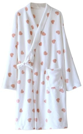 Flodxo Robe de chambre en polaire douce et confortable pour femme - Imprimé cœur - Confortable - En tissu éponge - Léger - À poils longs - Longueur totale - Pyjama