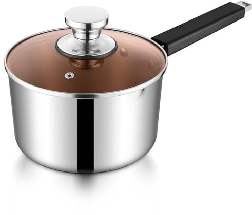 HaWare 18cm Saucepan, 2.5L Stainless Steel Milk Pan with Glass Lid, Tri-Ply Sauce Cookware Pot for Induction Gas Halogen Electric Ceramic, Heat-Proof Handle - 3QT