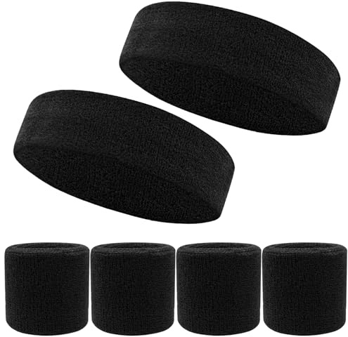 6 Stück Sport Wristbands Headbands Set für Damen Herren,Schweißband Set mit 4 Schweißbändern für die Handgelenke und 2 Stirnband Sportstirnband für Fußball Basketball Tennis Gymnastik-Schwarz