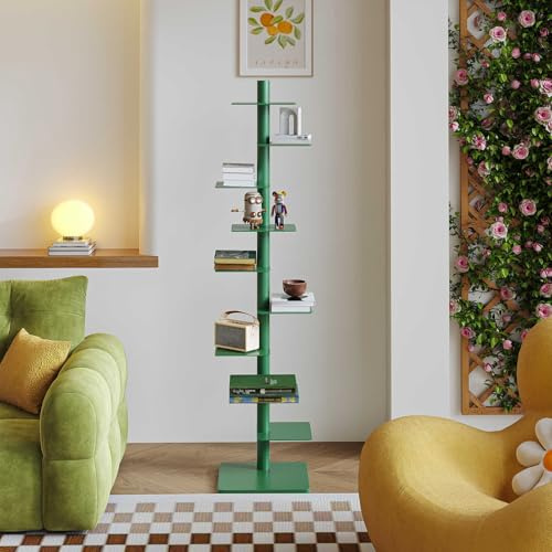 HARELA Metall Bücherregal Bodenstehendes, 9 Ebenen Vertikales Bücherregal, Drehbares Bücherregal, Bücherturm Standregal Im Industriestil, Für Wohnzimmer, Schlafzimmer, Büro(Green)