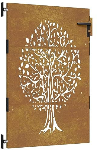 Zauntor für Staketenzaun, Gartenzaun Pforte Gartentor Metall Gartentür Gartenpforte Hoftor Flügeltor Einfahrtstor Gartentpforte, 85x150 cm Cortenstahl Baum-Design