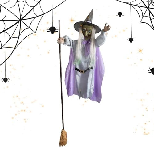 Bruja flotante decoración de Halloween de bruja voladora sobre escoba - Flying Hover Witch Decoración realista de bruja de Halloween sobre escoba | Escoba de bruja animada espeluznante de 6 pies