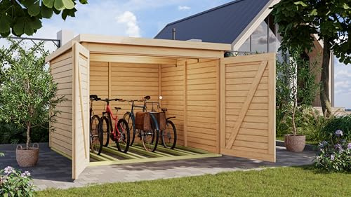 CHILLROI® Karibu Fahrradgarage aus nordischer Fichte für 4 Fahrräder – Wetterfest, 4,6 m² Grundfläche, in Natur oder terragrau optional mit Solaranlage (naturbelassen)