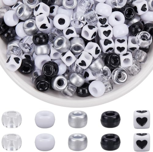 SOFPLAT 1 Box 1000 Stück 6x9mm Pony Perlen Weiß Schwarz Glitzernde Kandi Perlen Große Menge Runde Kunststoff Pony Herzanhänger Zubehör Für Die Schmuckherstellung DIY Armbänder Ohrringe Basteln Haarzöp
