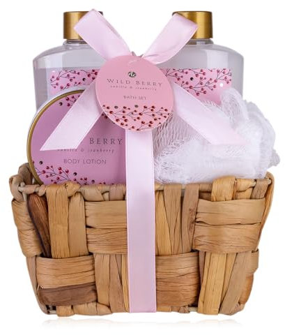 Accentra - Set doccia da donna Wild Berry in cestini in erba marina, set da bagno con gel doccia, bagno in schiuma, lozione per il corpo e spugna a rete, set da 4 pezzi per donne e ragazze