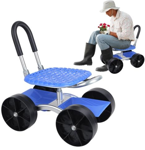 Chariot de jardin à roulettes réglable avec roulettes, siège de travail pivotant à 360°, tabouret de jardinage ergonomique, poignée de direction et plateau à outils, idéal pour la plantation et