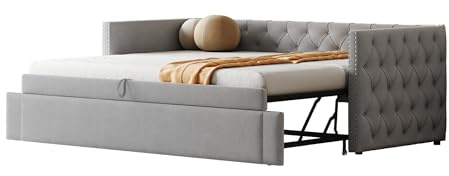 SogesPower 90x200 cm Schlafsofa Hellgrau mit Lattenrost, Elegantes Polsterbett mit Premium Samtstoff, Wandelt Sich vom Sofa zum komfortablen Bett