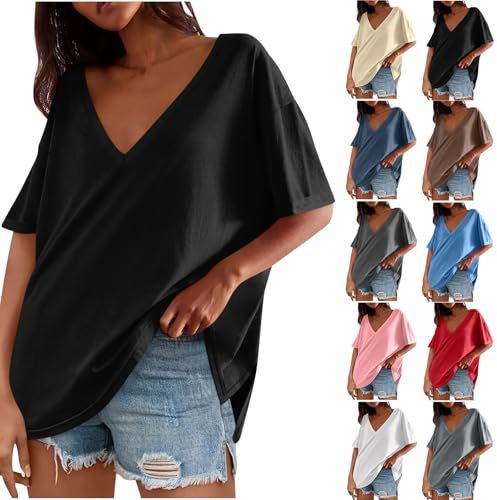Oversized T Shirts for Women UK Sale Summer Y2k Short Sleeve Ladies Tops Sports Blouse T-Shirts Solid Color Deep V Neck Casual Going Out Cotton Gym Batwing Top Loose Blouses Daily Basic Tee