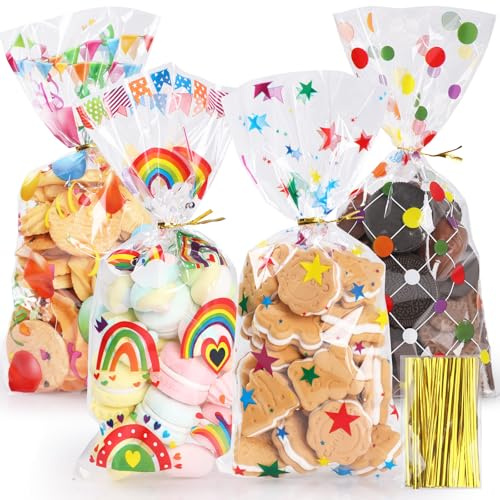 Bigqin 100 Stück Zellophantüten, 27 x 12,5 cm Luftballons Süßigkeiten Tüten Transparent Geschenktüten Plastik Verpackungstüten mit 120 Twist Krawatten für Partyzubehör - 4 bunte Muster