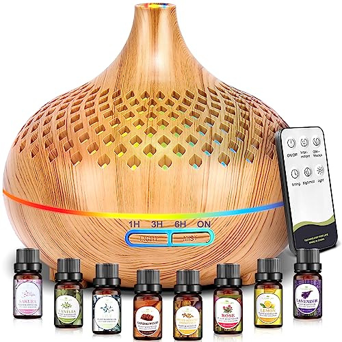 ZOVHYYA Difusor de Aromaterapia 500ML con 14 Colores LED Máquina de Aroma Humidificador con Control Remoto Temporizador 4 Niveles 2 Modos de Niebla y 8 Aceites Esenciales
