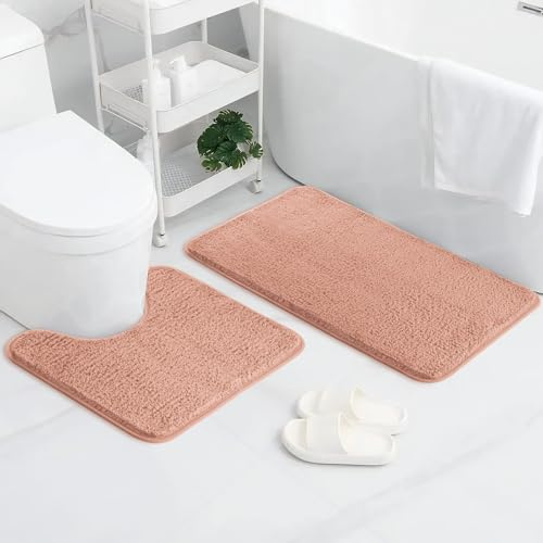 AUAUY Bathroom Mat Sets 2 Piece, Microfiber Fluffy Shaggy Bath Mat+Toilet Rug, Extra Soft Absorbent Bath Mats for Bathroom, Anti Slip Quick Dry Rug Toilet Mat for Bathroom Floor, Pink