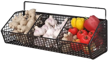 Kustimantu Cesta de pared – Cesta de almacenamiento de 3 compartimentos para frutas y – Estantería de pared que ahorra espacio para almacenamiento de cocina, cebollas, patatas, jengibre y organización