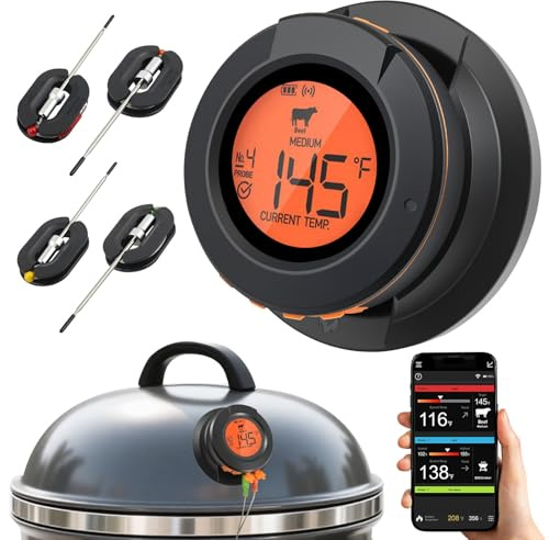 Termometro Grill Bluetooth 4 Sonde - Termometro da Carne Senza Fili, per Bistecca & Forno. Sensore Temperatura Preciso per Barbecue e Affumicatore.