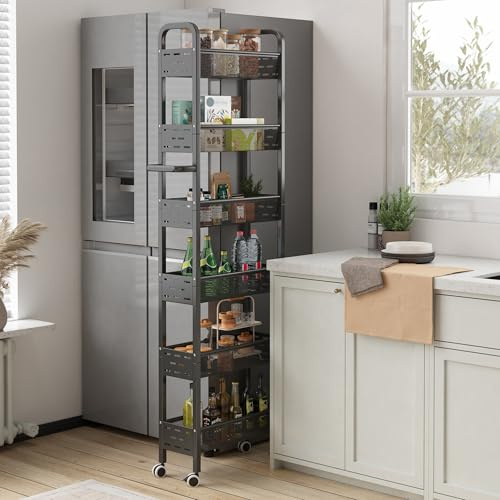 Ornestia 6 Etagen Schmal Aufbewahrungswagen mit Rollen, Metall Hohes Trolley, Schmaler Mobiler Regalwagen mit Griff für Küche, Bad, Waschküche und Wohnzimmer 18x164cm