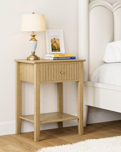 HEYZOEY Nachttisch, Retro Nachtschrank mit 1 Schublade, Nachttisch, Boho Nachtkommode für Schlafzimmer, Wohnzimmer, Honig-Eiche