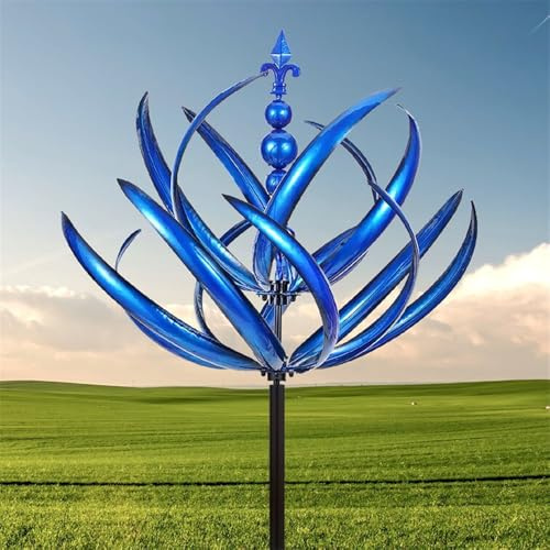 Windrad Garten Metall, Lotus Windspiel Windmühle Wetterfest Und Standfest Windspiele für Den Garten,Windspiele für Draußen Stehend Mit Besten Kugellagern, Windspiel Garten (Blau)