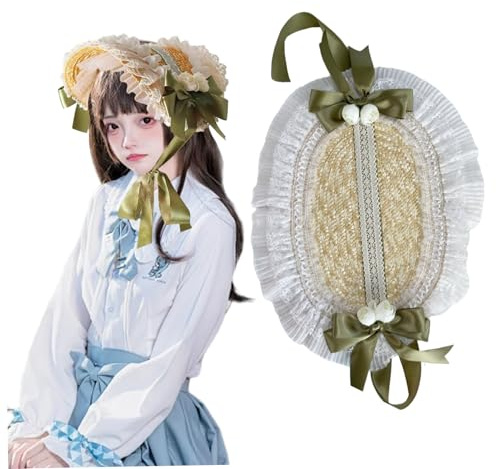 Obelunrp Sombreros victorianos para mujeres, gorro victoriano tejido de paja con borde de encaje y cinta, sombrero lolita para chicas disfraz de fiesta de té