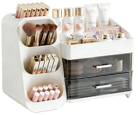 HuaCommerce Großer Makeup Kosmetik Organizer mit Schubladen – 3-in-1 Aufbewahrungsbox für Pinsel & Kosmetik, stylischer weißer Aufbewahrungskasten für Ordnung und Stauraum auf dem Schminktisch