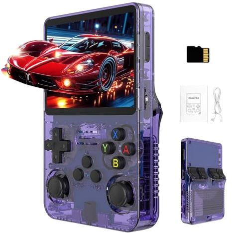 R36s Console di Gioco Portatile Retro, Console Portatile con oltre 20000 Giochi Integrati, Sistema Linux, Schermo IPS da 3,5, Mini Emulatore per Bambini e Adulti (Purple,64G)
