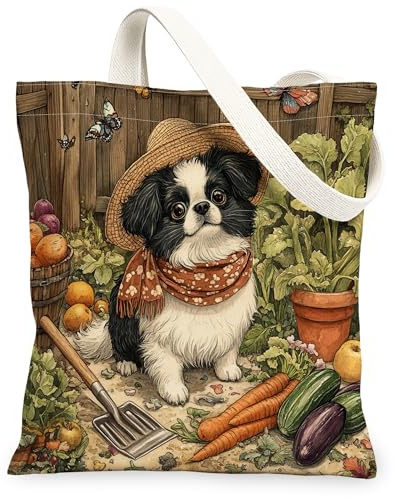Spring Japanese Chin Dog Gardening Canvas Tote Bag for Shopping 13x15, Puppy Farmhouse Country Reusable Grocery Print Bag for Women, Planting Beach Aesthetic Painting Gift Decor