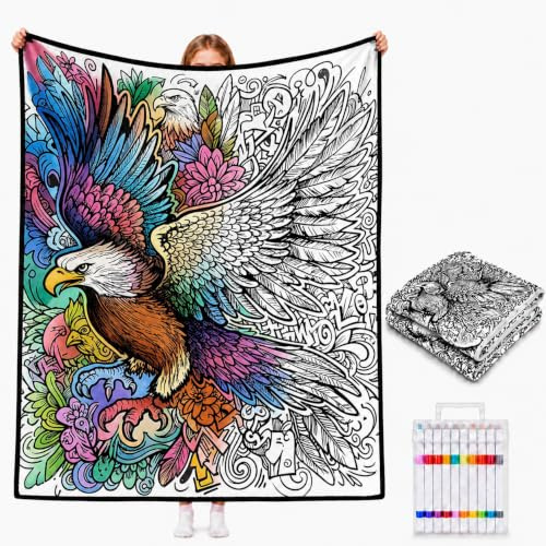 VEELU Coperta da Colorare con Pennarelli per Tessuti 150x115 cm, Coperta Colorabile con 24 Pennarelli Inclusi per Adulti e Bambini, Regalo Originale per Famiglia e Amici (S-6)
