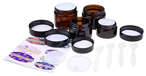 Kare & Kind påfyllningsbara kosmetikburkar kit – 4 x kosmetikburkar (bärnstensglas), 4 x lock, 4 x inre skydd, 39 x etiketter + 4 x minispatel för enkel fyllning – för krämer, eteriska oljor, pulver