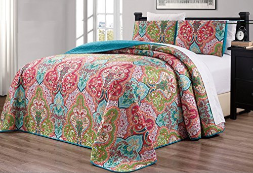 Grand Linen - 3-Piece Oversize (100 X 95) Fine Printed Prewashed Boho Decor Quilt Set Reversible Bedspread Coverlet Full/Queen Size Bed Cover (Turquoise Blue, Sage Green, Orange, Terra Cotta Red)